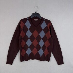 Nordstrom Sweater Womens XL Brown Argyle Merino Wool V Neck Knit Pullover
